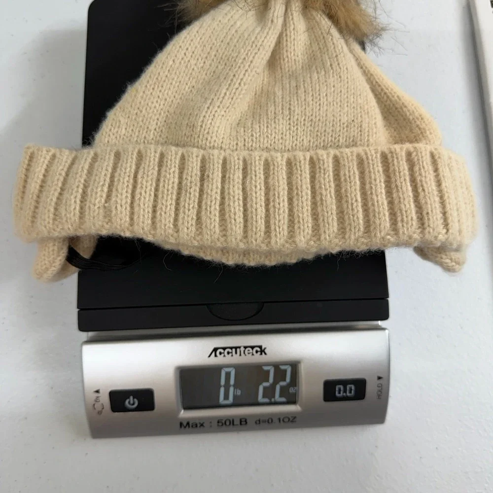 Dog tan ribbed adjustable pompom‎ winter beanie hat costume accessories pet S/M